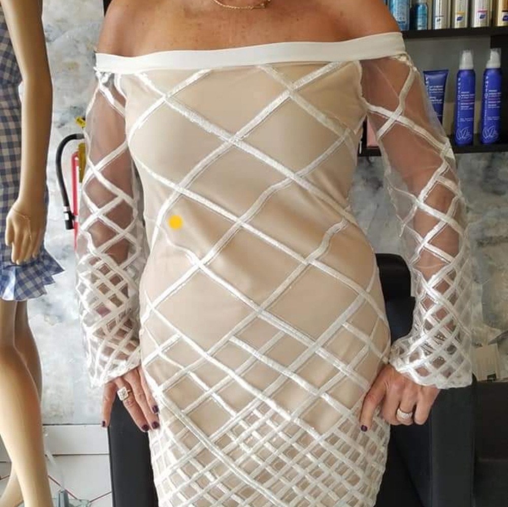 White nude and sequin illusion off the shoulder - Picture 6 of 14